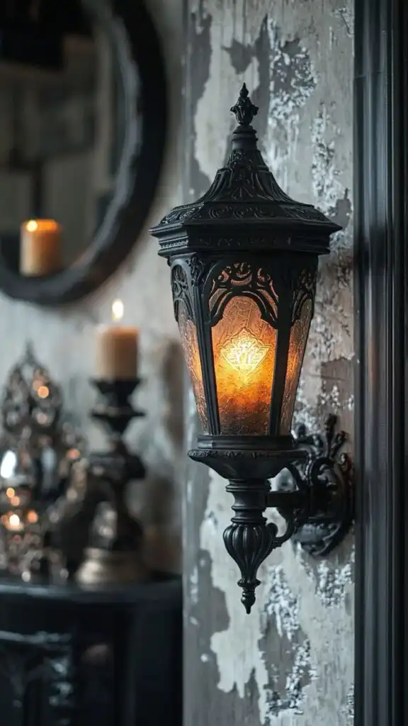 Ornate vintage wall sconce with a warm glowing light, set against a textured distressed wall, enhancing the room's atmospheric decor.