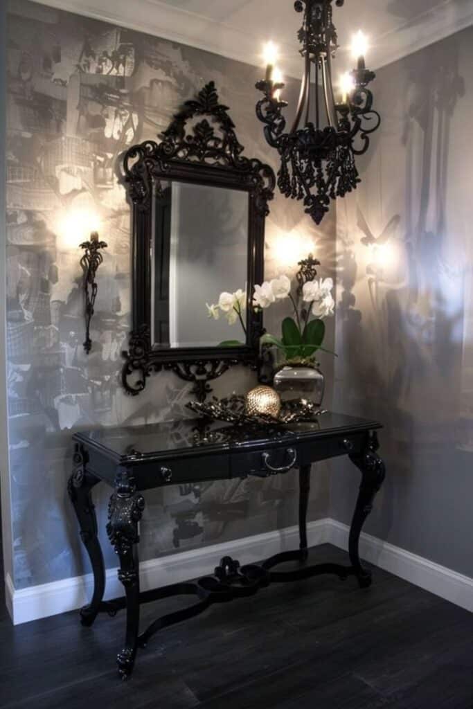_ - 2025-12-30T150121425 Elegant black hallway table with ornate mirror, chandelier, and white orchids, creating a sophisticated and stylish entryway decor. | Sky Rye Design Elegant black hallway table with ornate mirror, chandelier, and white orchids, creating a sophisticated and stylish entryway decor.