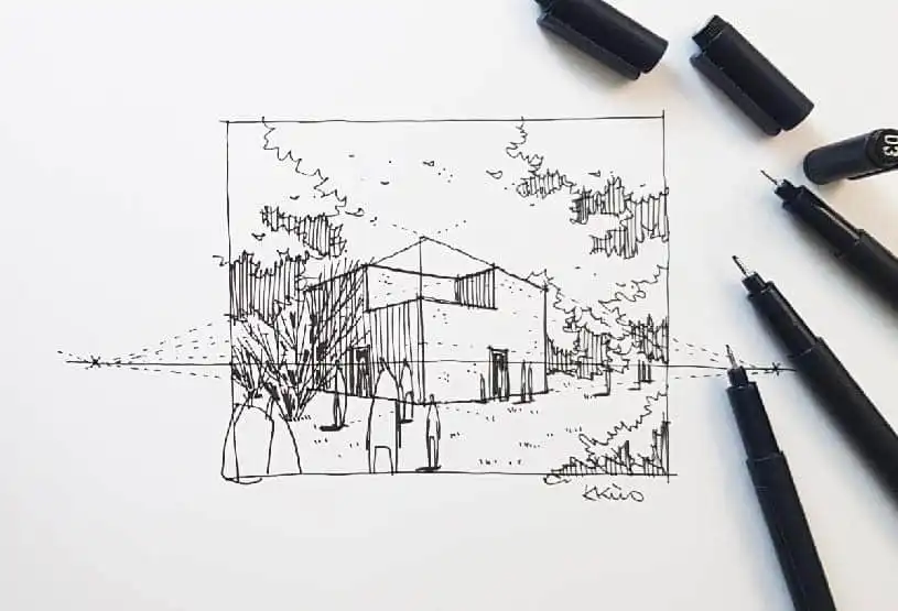 Architectural ink sketch of a modern building with trees, surrounded by art pens, highlighting creative design and drafting tools.