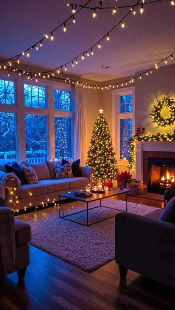 21 Christmas Living Room Decor Ideas for a Holiday Makeover 2025 Cozy living room with Christmas tree, glowing lights, festive wreath, and crackling fireplace, creating a warm holiday ambiance. | Sky Rye Design Cozy living room with Christmas tree, glowing lights, festive wreath, and crackling fireplace, creating a warm holiday ambiance.