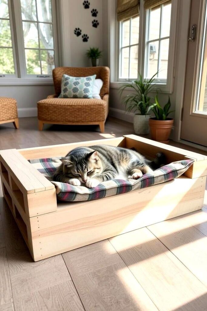 21 Pallet Furniture Ideas for Eco-Friendly Home_ Cozy cat napping on a plaid cushion in a sunny room, surrounded by wicker chairs and potted plants, under decorative paw prints. | Sky Rye Design Cozy cat napping on a plaid cushion in a sunny room, surrounded by wicker chairs and potted plants, under decorative paw prints.