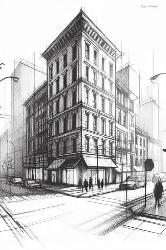 Architectural sketch of a multi-story building on a street corner, with cars and pedestrians, showcasing urban design and perspective techniques.