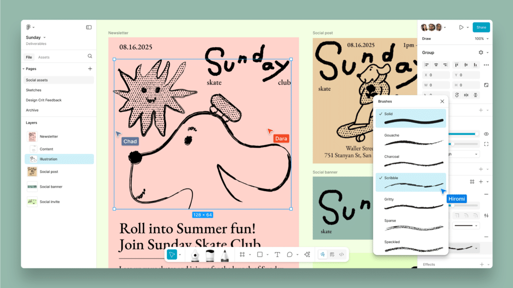 Design interface showcasing a Sunday Skate Club newsletter with playful illustrations and editing tools on screen.