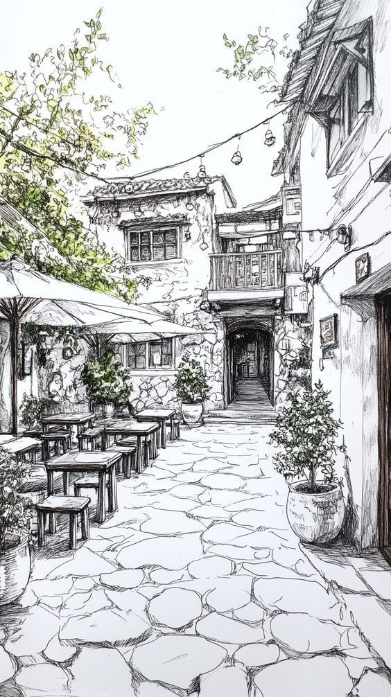 21a609a5-ede8-4bfd-9307-fa7c037d637c Sketch of a charming cobblestone courtyard with rustic outdoor seating and stone buildings, surrounded by lush potted plants. | Sky Rye Design Sketch of a charming cobblestone courtyard with rustic outdoor seating and stone buildings, surrounded by lush potted plants.