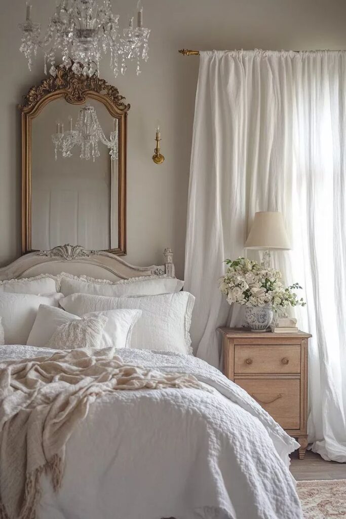 _ 22 Elegant bedroom with vintage mirror, crystal chandelier, white bedding, wooden nightstand, and curtains. Cozy and sophisticated decor. | Sky Rye Design Elegant bedroom with vintage mirror, crystal chandelier, white bedding, wooden nightstand, and curtains. Cozy and sophisticated decor.