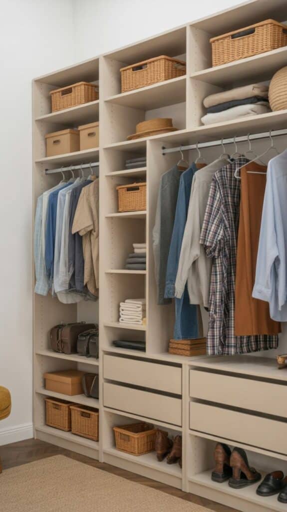 22 Closet Organization Ideas Organized closet with hanging clothes, shelves with baskets, and neatly stacked items, showcasing efficient storage solutions. | Sky Rye Design Organized closet with hanging clothes, shelves with baskets, and neatly stacked items, showcasing efficient storage solutions.