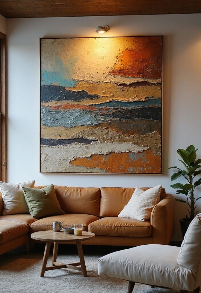 Stylish living room with large abstract painting, beige sectional sofa, and cozy decor, highlighting modern interior design elegance.