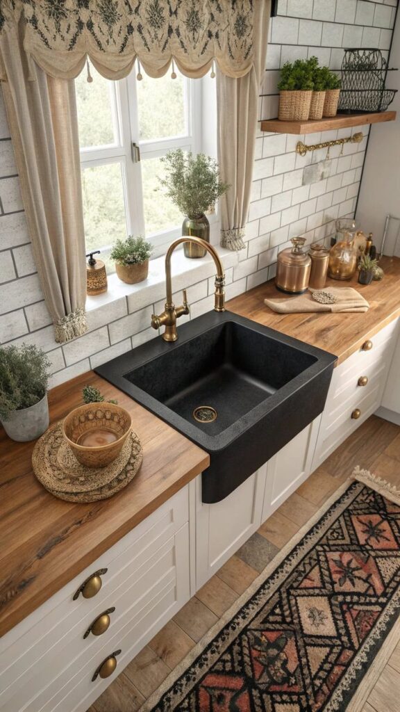 22 Trendy Black Kitchen Sink Designs Farmhouse kitchen with a black sink, wooden countertops, subway tiles, and plants. Vintage rug adds warmth and charm to the space. | Sky Rye Design Farmhouse kitchen with a black sink, wooden countertops, subway tiles, and plants. Vintage rug adds warmth and charm to the space.