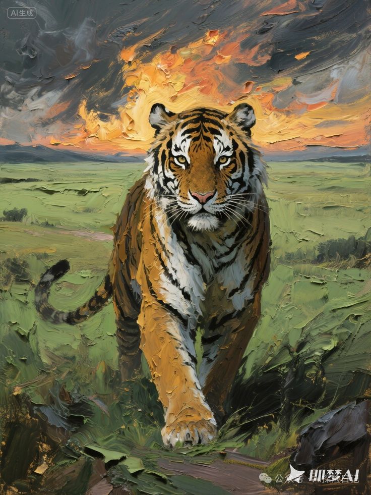 Tiger walking in a vivid field with a dramatic sunset sky, captured in an impressionistic digital painting style.