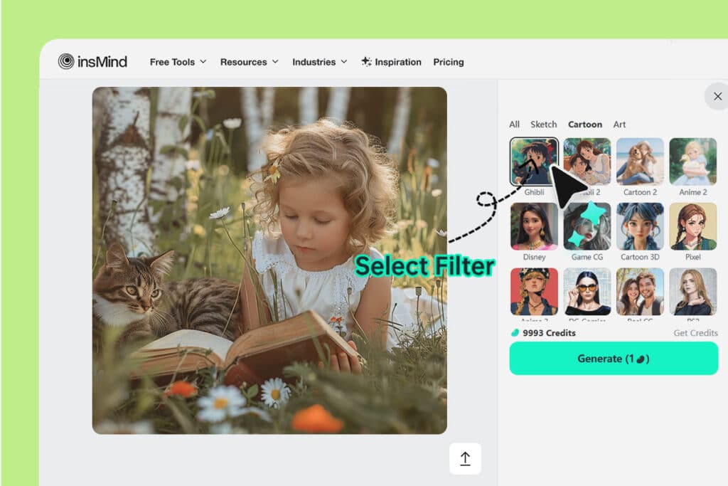 Young girl reading a book with a cat in a field of flowers, shown in an image filter selection interface.