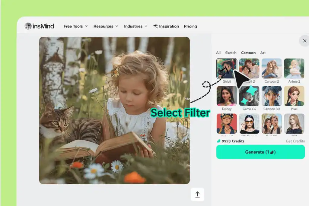 Young girl reading a book with a cat in a field of flowers, shown in an image filter selection interface.
