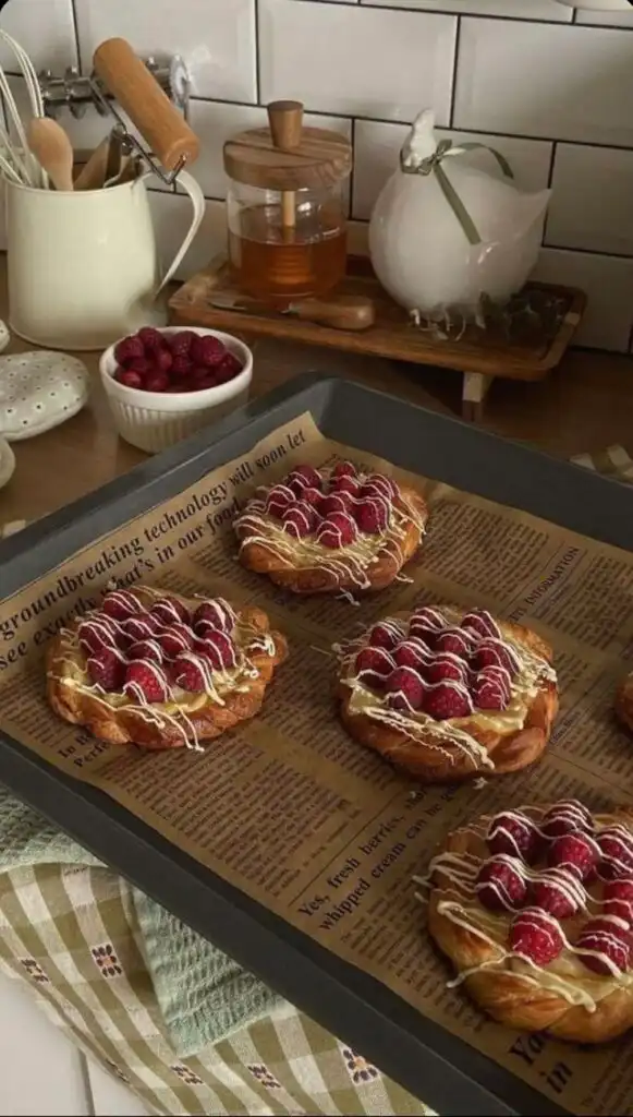 Freshly baked pastries topped with raspberries and drizzle sit on a tray in a cozy kitchen setting, perfect for a sweet treat.