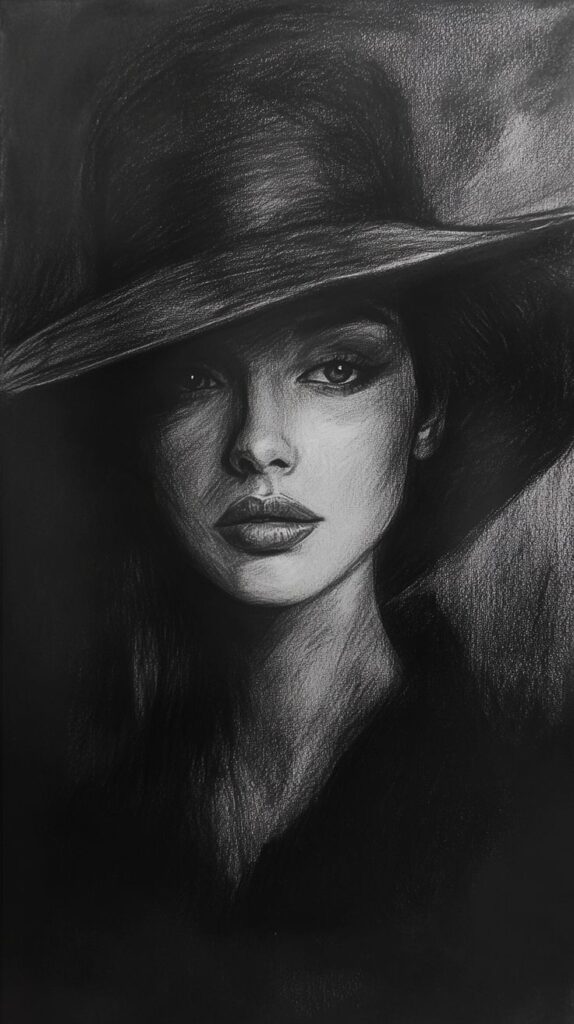 22fcb804-0319-4ba6-a7b0-84a3e6a9838e Charcoal sketch of a woman in a wide-brimmed hat, highlighting elegant features and deep shadows for a mysterious, vintage look. | Sky Rye Design Charcoal sketch of a woman in a wide-brimmed hat, highlighting elegant features and deep shadows for a mysterious, vintage look.