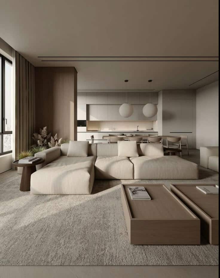 _ 23 Modern minimalist living room with beige sofa, neutral decor, and open kitchen concept for stylish home interior inspiration. | Sky Rye Design Modern minimalist living room with beige sofa, neutral decor, and open kitchen concept for stylish home interior inspiration. minimalism interior design