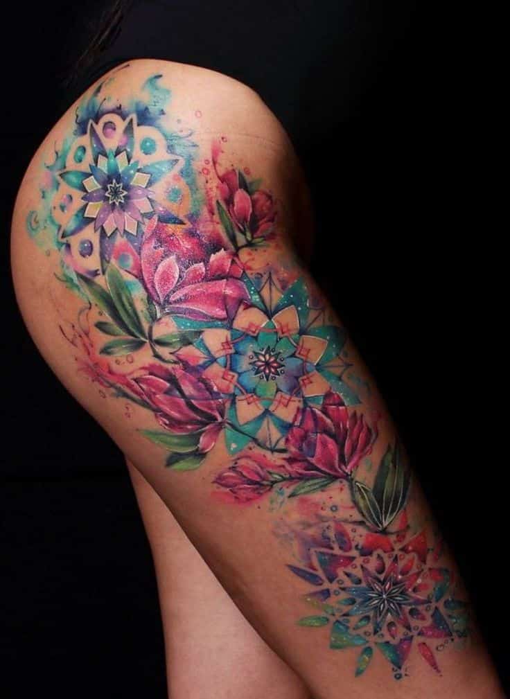 _ 23 Colorful floral tattoo design featuring intricately detailed flowers and geometric patterns on an arm, showcasing vibrant artistry. | Sky Rye Design Colorful floral tattoo design featuring intricately detailed flowers and geometric patterns on an arm, showcasing vibrant artistry.