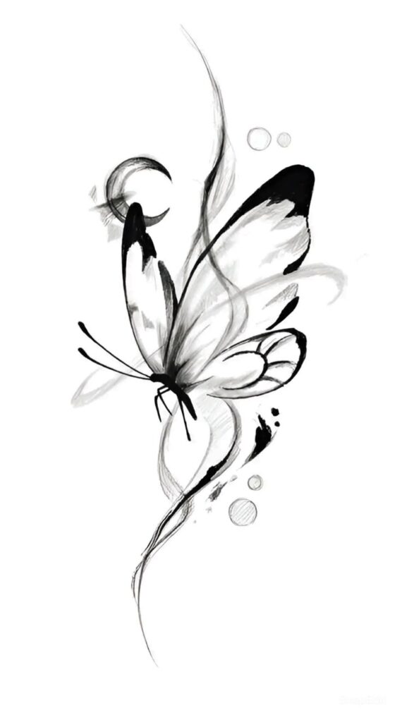 Elegant black and white ink art of a butterfly, gracefully combining abstract and natural elements, with flowing lines and subtle shading.