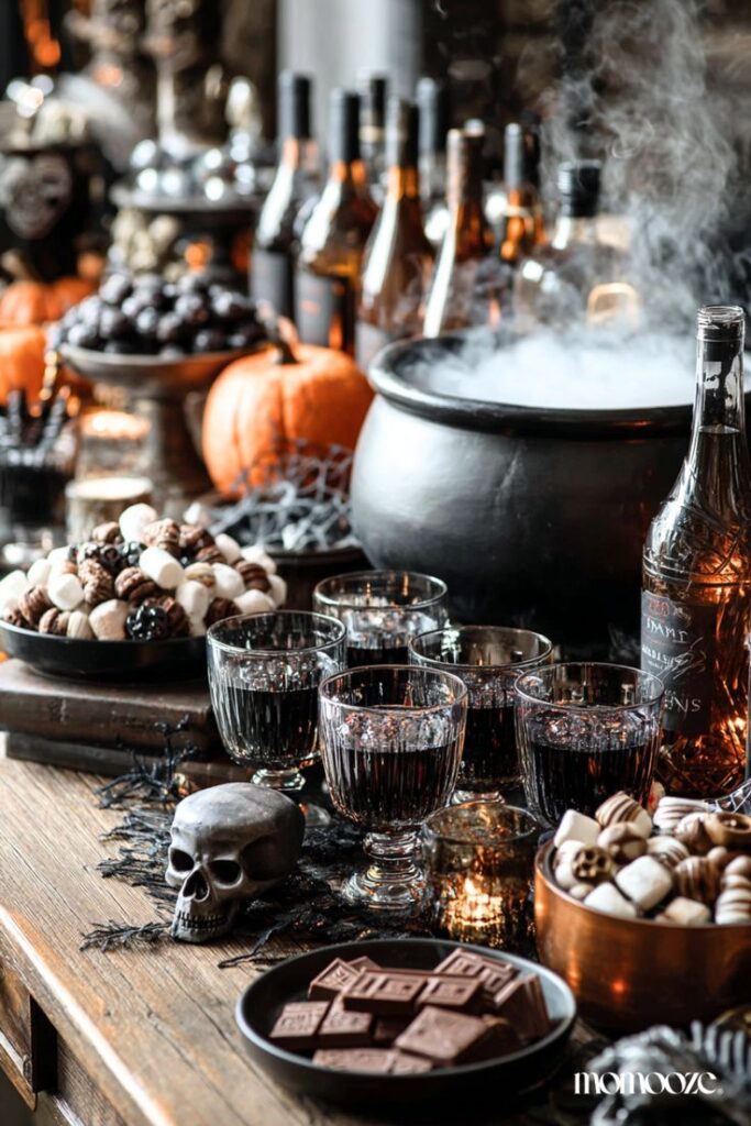 23+ Insanely Easy Halloween Snack Ideas That Look Like You Spent Hours Making Them Halloween party table with spooky drinks, chocolates, and a cauldron, surrounded by pumpkins and decorative skulls for a festive atmosphere. | Sky Rye Design Halloween party table with spooky drinks, chocolates, and a cauldron, surrounded by pumpkins and decorative skulls for a festive atmosphere.