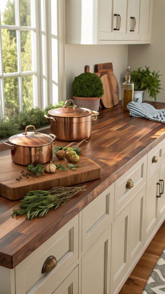 23 Magnificent Brown Kitchen Countertop Ideas For_ Copper pots on wooden kitchen counter with fresh herbs, garlic, and brussels sprouts near a sunny window in a cozy, rustic setting. | Sky Rye Design Copper pots on wooden kitchen counter with fresh herbs, garlic, and brussels sprouts near a sunny window in a cozy, rustic setting.