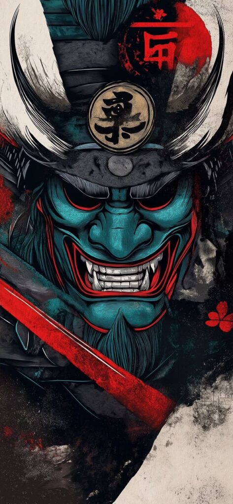 23e44211-ffaf-4f5a-8a4e-5e33b0106580 Illustration of a traditional samurai mask with bold colors and intricate details, featuring fierce facial expression and sword. | Sky Rye Design Illustration of a traditional samurai mask with bold colors and intricate details, featuring fierce facial expression and sword.