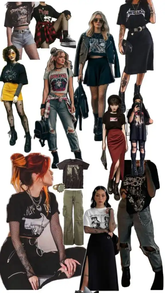 Collage of edgy grunge fashion styles featuring band tees, plaid skirts, denim, and bold accessories for a rock-inspired look.