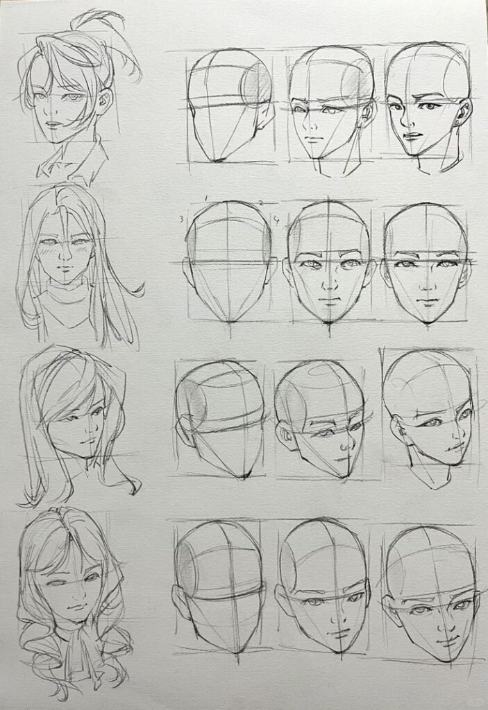 Anime-style portrait sketches showing different stages of head drawing techniques from outlines to detailed facial features.