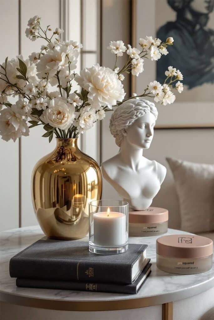 24abb629-2627-4717-b11d-10f302fce73f Elegant decor with gold vase, white flowers, candle, and books on marble table, creating a sophisticated atmosphere. | Sky Rye Design Elegant decor with gold vase, white flowers, candle, and books on marble table, creating a sophisticated atmosphere.