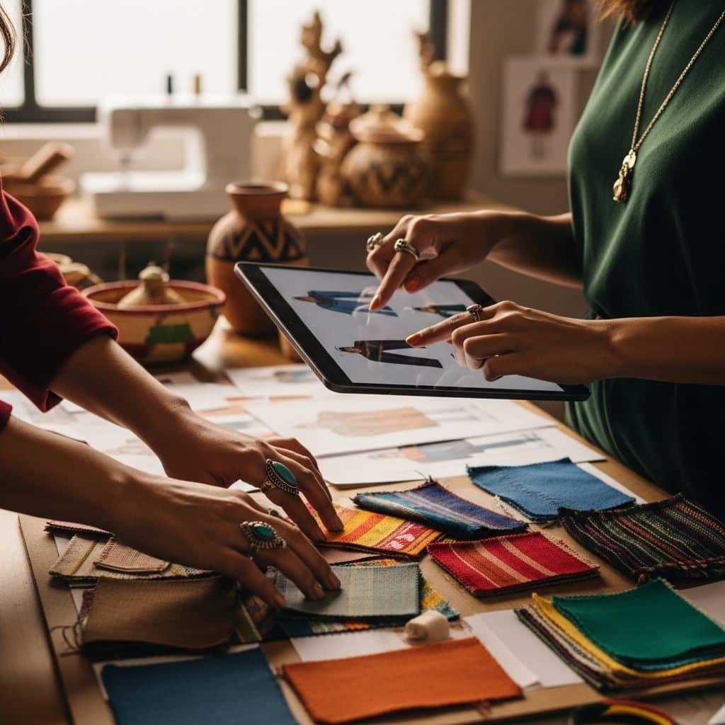 Designers selecting colorful fabric samples with a tablet, discussing fashion ideas in a creative workspace with sewing tools.