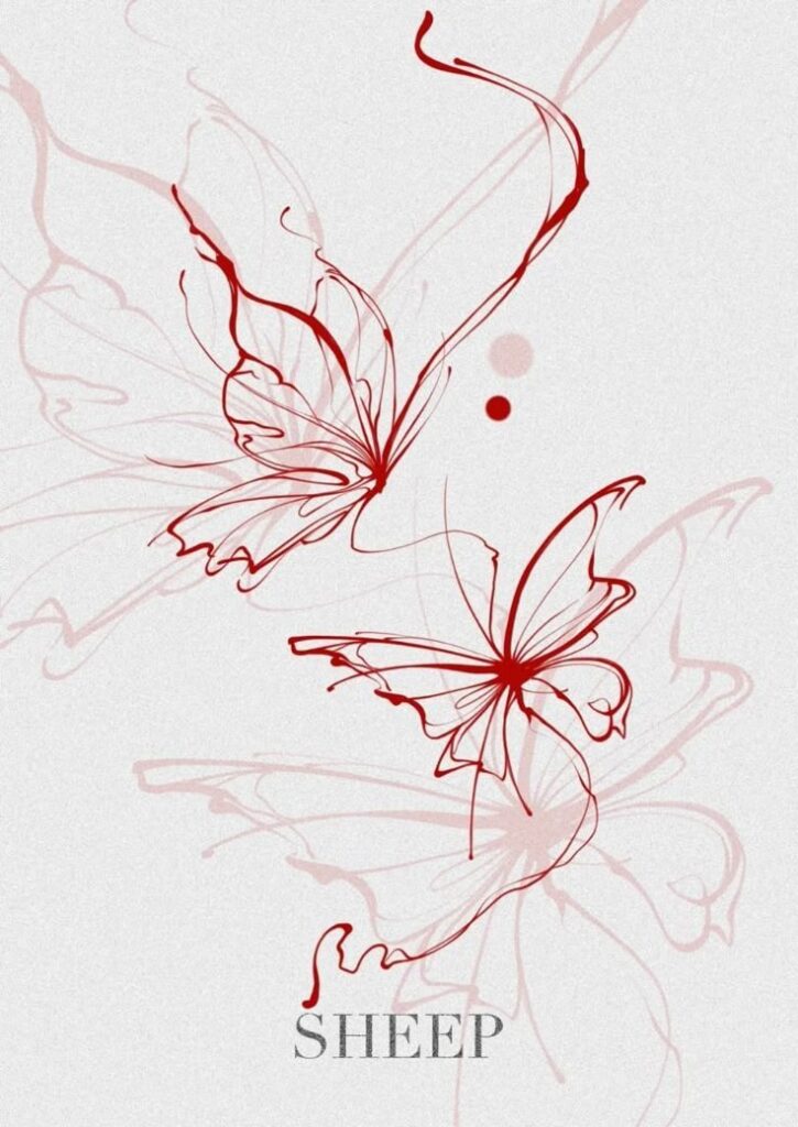 _ 25 Elegant red and white butterfly line art on a textured background, showcasing delicate and intricate wing designs. | Sky Rye Design Elegant red and white butterfly line art on a textured background, showcasing delicate and intricate wing designs.