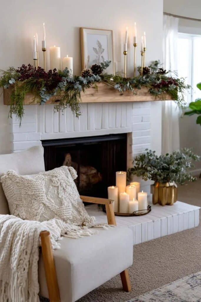 25 Best Ways To Decorate Your Fireplace For Christmas - Lovely Harbor Cozy living room with candles on a fireplace mantel, greenery, a knitted throw, and an armchair creating a warm, inviting atmosphere. | Sky Rye Design Cozy living room with candles on a fireplace mantel, greenery, a knitted throw, and an armchair creating a warm, inviting atmosphere.