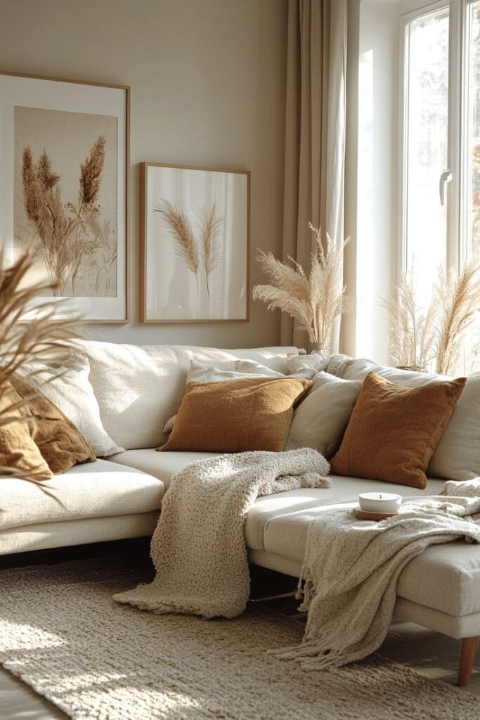 25 Color Palettes for an Updated Boho Look Minimalist living room with beige sofa, brown cushions, pampas grass, and framed art in natural light. Cozy and modern decor. | Sky Rye Design Minimalist living room with beige sofa, brown cushions, pampas grass, and framed art in natural light. Cozy and modern decor. Beige Interior