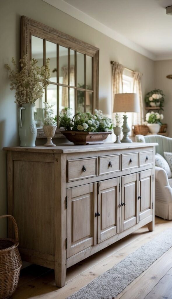 25 Country Cottage Living Room Ideas_ Cozy Charm_ Rustic wooden sideboard with vintage decor and mirror in cozy living room, enhancing farmhouse style with floral accents and natural light. | Sky Rye Design Rustic wooden sideboard with vintage decor and mirror in cozy living room, enhancing farmhouse style with floral accents and natural light.