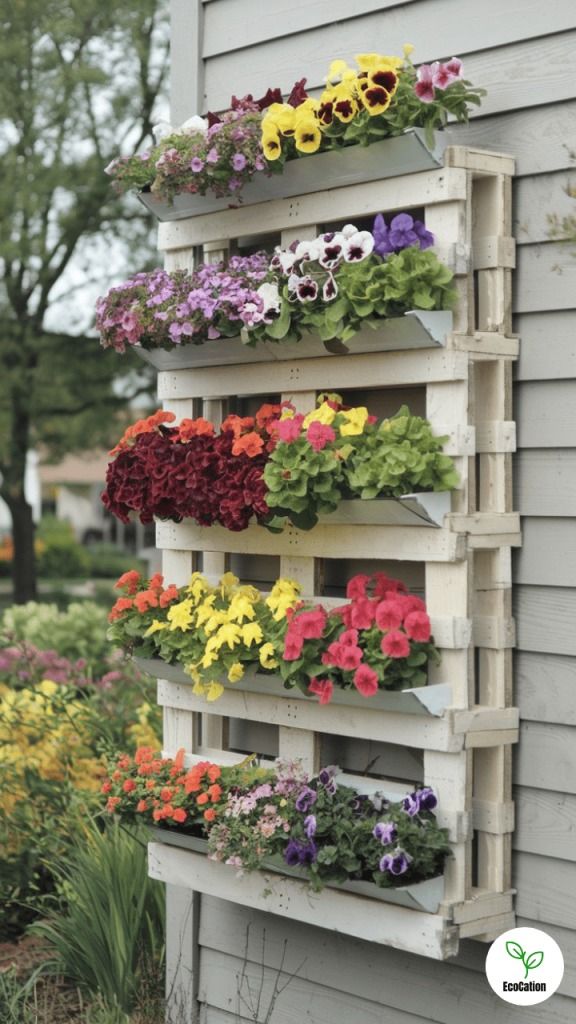 25 Creative Vertical Planter Ideas Updated 2025 - EcoCation Vertical garden with colorful flowers in wooden pallets on a wall, perfect for small spaces and adding vibrant decor to outdoor areas. | Sky Rye Design Vertical garden with colorful flowers in wooden pallets on a wall, perfect for small spaces and adding vibrant decor to outdoor areas.