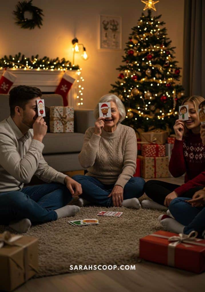 Family enjoying a holiday card game by a Christmas tree, surrounded by presents and holiday decor.