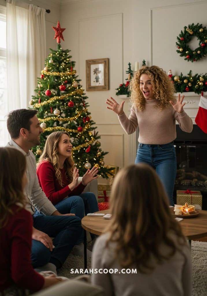 Group enjoying Christmas game near decorated tree, laughing and celebrating in cozy living room with festive decor and stockings.