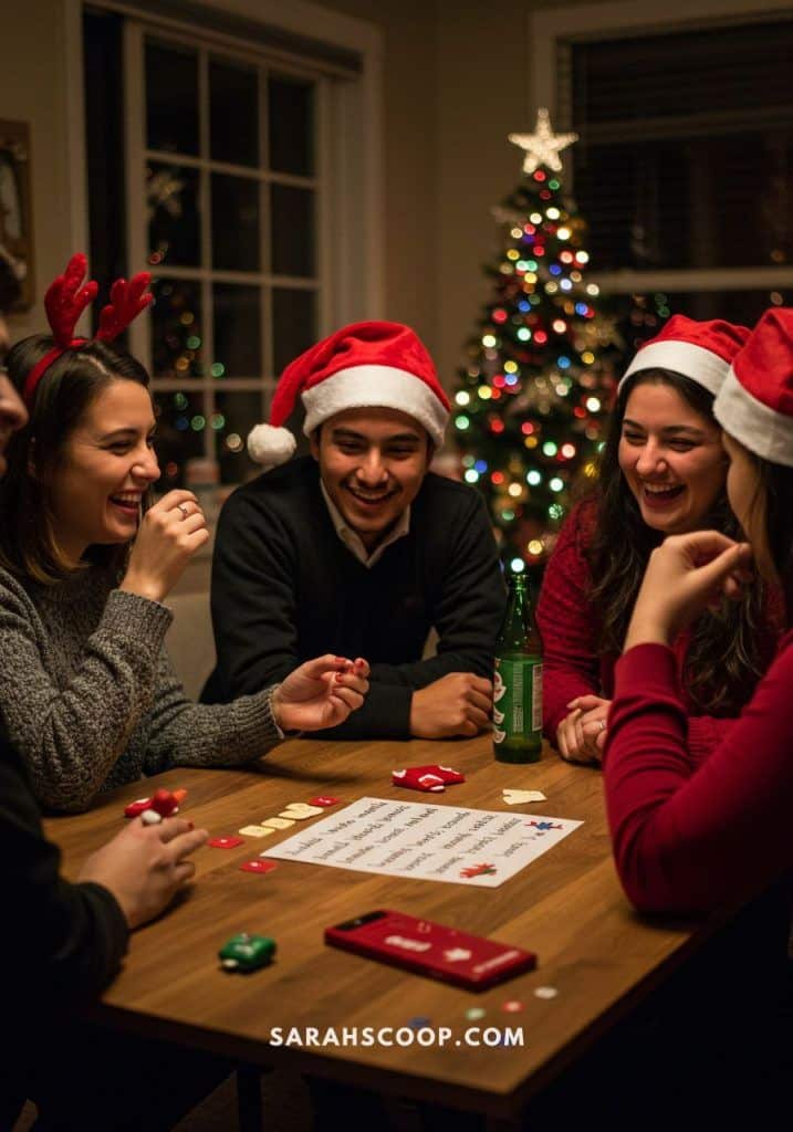 Friends wearing Santa hats enjoy a festive board game night by a Christmas tree with colorful lights.