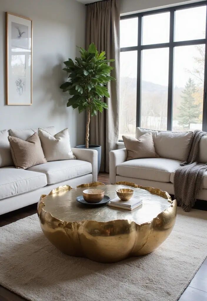 25 Home Decor Metal Texture Ideas For Modern Homes Elegant living room with a large gold coffee table, cozy beige sofas, and a tall potted plant by a window, creating a modern aesthetic. | Sky Rye Design Elegant living room with a large gold coffee table, cozy beige sofas, and a tall potted plant by a window, creating a modern aesthetic.