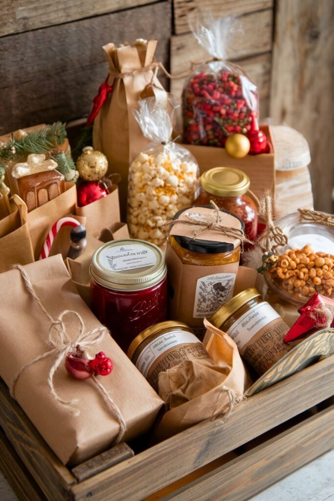 25 Homemade Snack Christmas Gifts Gift basket with festive treats, including wrapped jars, popcorn, and snacks, arranged in a wooden crate for holiday celebration. | Sky Rye Design Gift basket with festive treats, including wrapped jars, popcorn, and snacks, arranged in a wooden crate for holiday celebration.