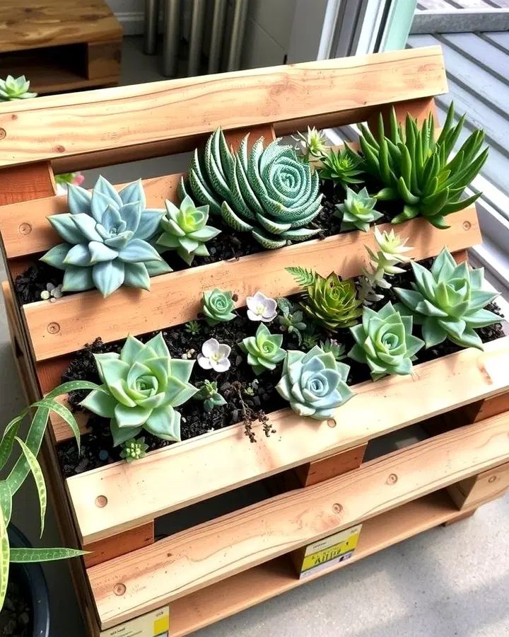 25 Pallet Garden Ideas for a Creative Outdoor Space Wooden pallet succulent garden with diverse green plants in a sunlit room, showcasing creative vertical gardening indoors. | Sky Rye Design Wooden pallet succulent garden with diverse green plants in a sunlit room, showcasing creative vertical gardening indoors.
