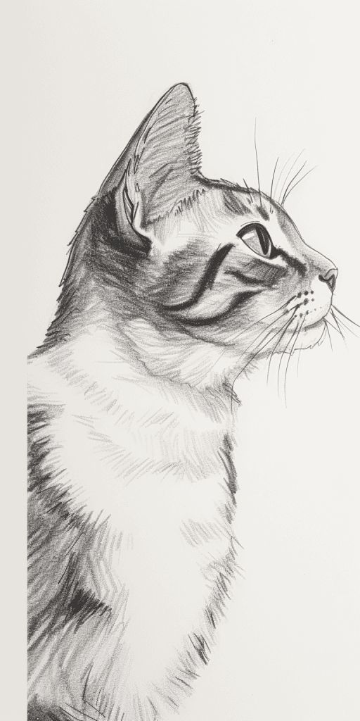 Pencil sketch of a cat profile, showcasing its detailed fur and focused eyes, on a white background. Ideal for art and pet enthusiasts.