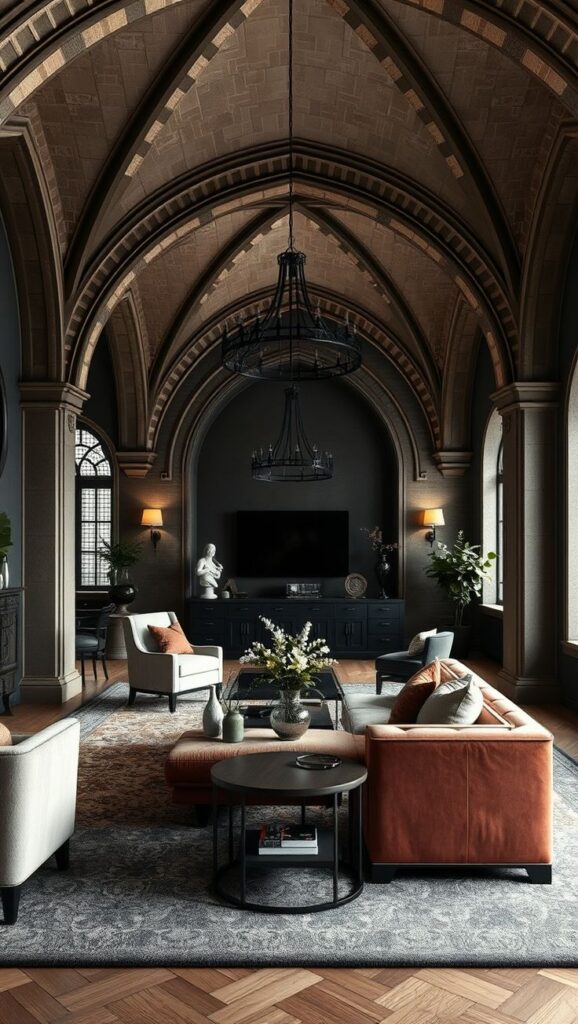 25 Spooktacular Ideas for Your Gothic Living Room Luxurious living room with gothic arch ceiling, elegant chandeliers, plush sofas, and tasteful decor, creating a sophisticated ambiance. | Sky Rye Design Luxurious living room with gothic arch ceiling, elegant chandeliers, plush sofas, and tasteful decor, creating a sophisticated ambiance.