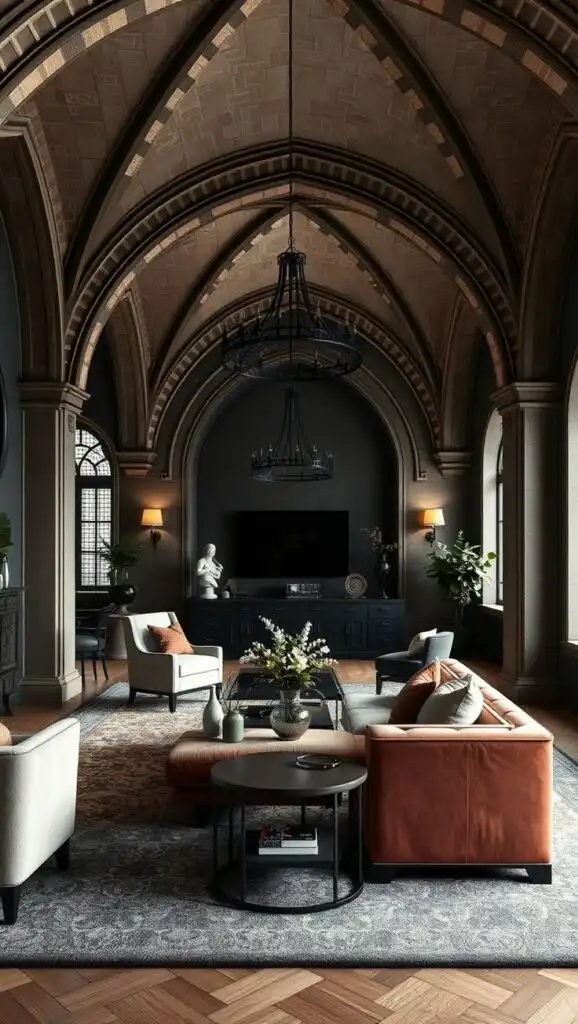 Luxurious living room with gothic arch ceiling, elegant chandeliers, plush sofas, and tasteful decor, creating a sophisticated ambiance.
