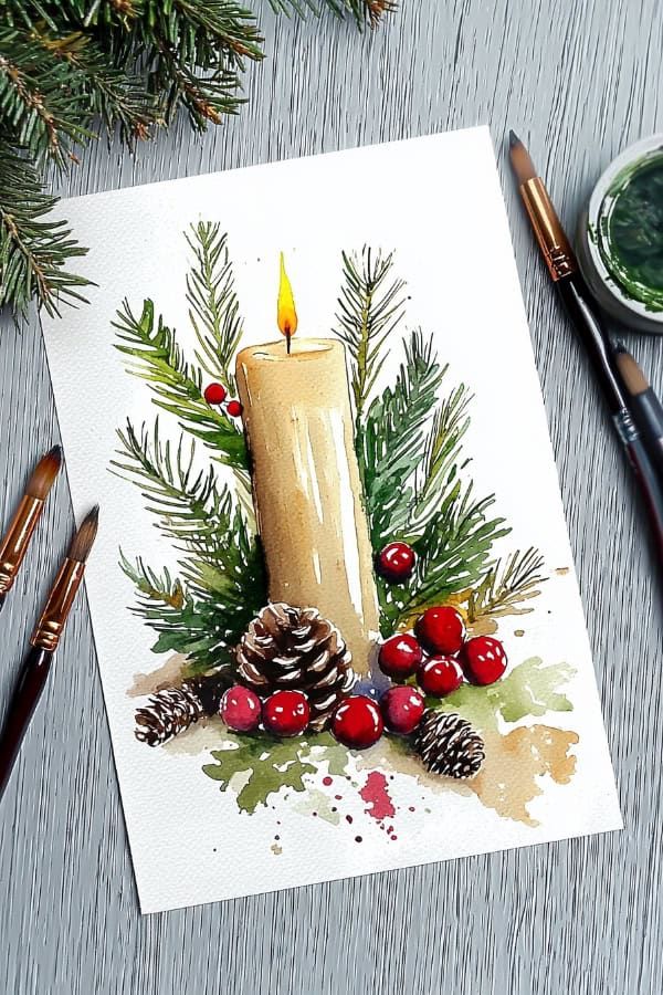 25 Watercolor Christmas Cards Ideas for DIY Holiday Inspiration Watercolor painting of a lit candle with pine branches, berries, and pinecones, surrounded by brushes, perfect for holiday decoration themes. | Sky Rye Design Watercolor painting of a lit candle with pine branches, berries, and pinecones, surrounded by brushes, perfect for holiday decoration themes.