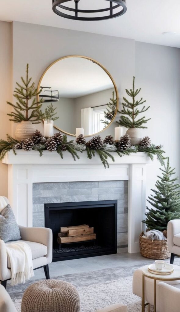 25 Winter Mantel Decor Ideas for Cozy Elegance_ Festive Touches to Warm Your Home - We Heart Cozy Cozy living room with a modern fireplace, round mirror, and pine decor, creating a warm and inviting winter atmosphere. | Sky Rye Design Cozy living room with a modern fireplace, round mirror, and pine decor, creating a warm and inviting winter atmosphere.