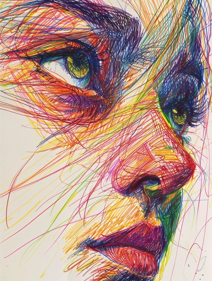 Colorful abstract portrait sketch of a face, showcasing expressive eyes and vibrant overlapping lines, conveying emotion and creativity.