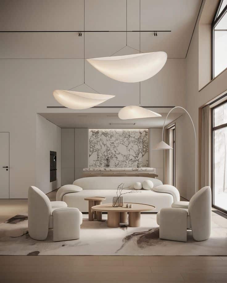 _ 26 Minimalist living room with modern white furniture, elegant pendant lights, and a marble accent wall for a sophisticated ambiance. | Sky Rye Design Minimalist living room with modern white furniture, elegant pendant lights, and a marble accent wall for a sophisticated ambiance.