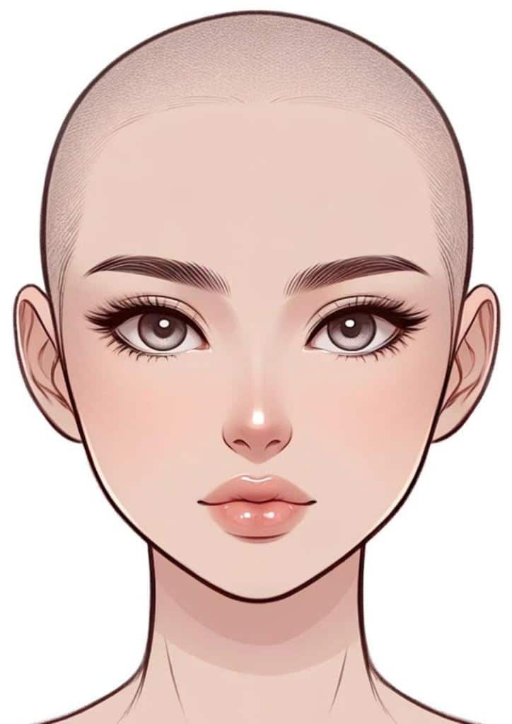 _ 26 Bald anime-style character with large eyes and subtle makeup, showcasing a minimalist and elegant appearance. | Sky Rye Design Bald anime-style character with large eyes and subtle makeup, showcasing a minimalist and elegant appearance.