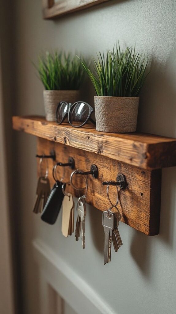 _ 26 Wooden wall-mounted key holder with hooks, featuring two potted plants and sunglasses. Perfect for organizing keys in a stylish way. | Sky Rye Design Wooden wall-mounted key holder with hooks, featuring two potted plants and sunglasses. Perfect for organizing keys in a stylish way.