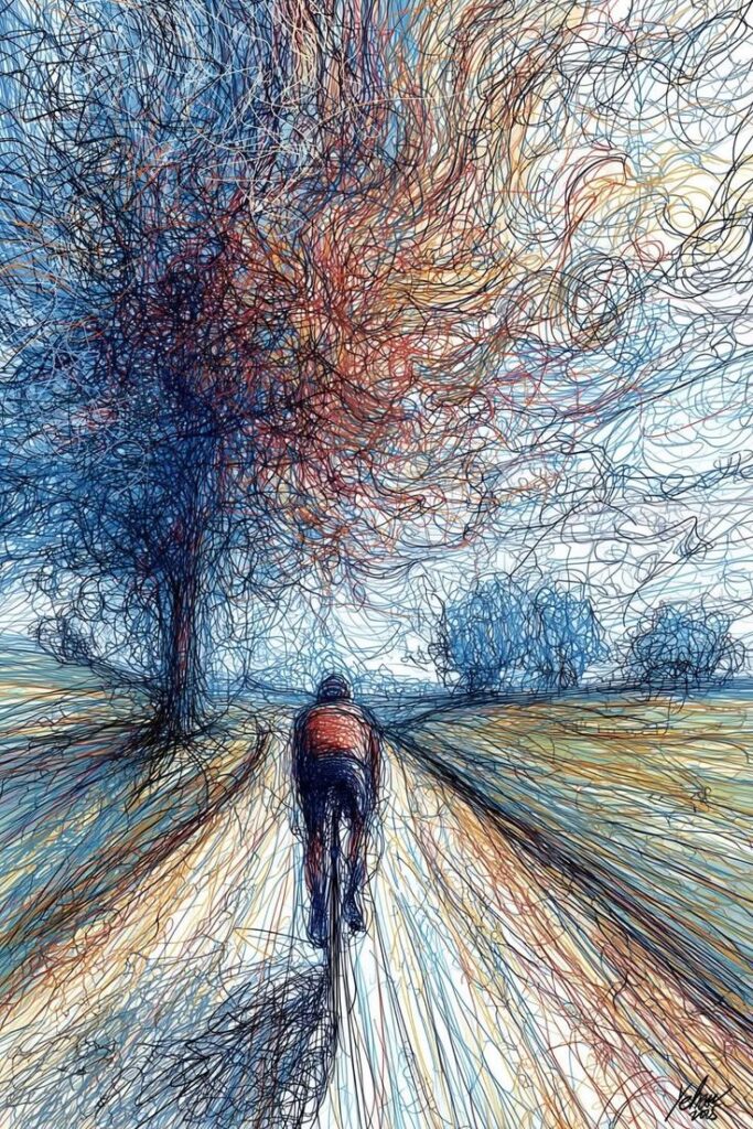 Cyclist rides along a scenic path under vibrant sky, surrounded by abstract lines and colors evoking energy and movement.