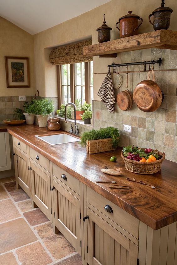 26 Earthy Kitchen Inspirations to Transform Your Culinary Space - BambRise Rustic kitchen with wooden countertops, copper pots, and hanging utensils. Fresh herbs and vegetables add natural charm and warmth. | Sky Rye Design Rustic kitchen with wooden countertops, copper pots, and hanging utensils. Fresh herbs and vegetables add natural charm and warmth.