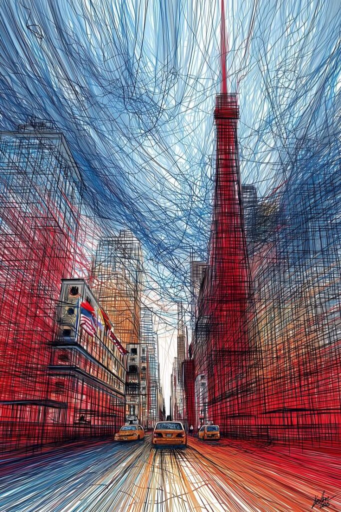 Abstract cityscape illustration with colorful sketch lines, depicting tall buildings, vibrant streets, and taxis under a dynamic sky.